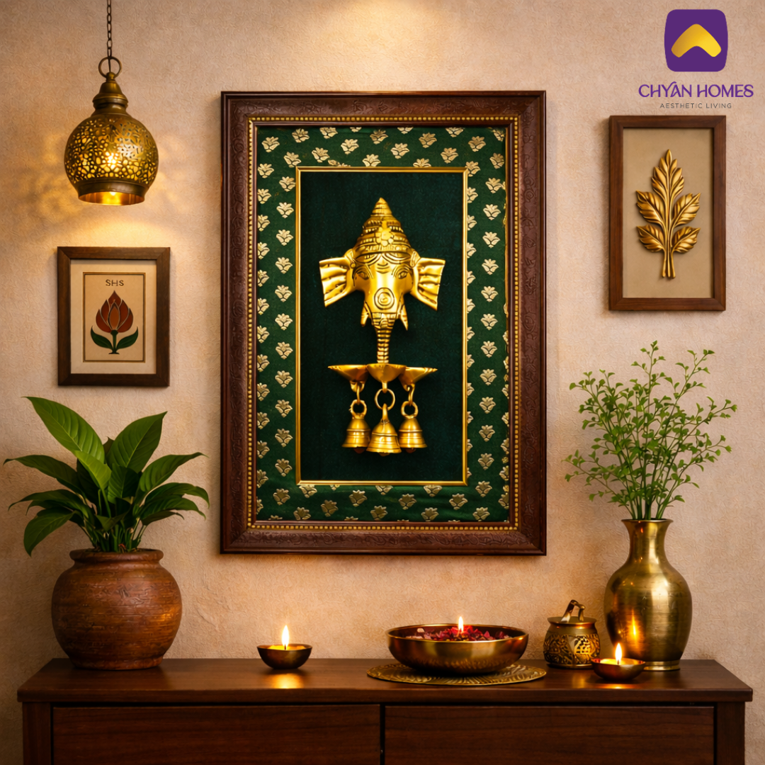 Brass Ganesh Diya with Bells Frame